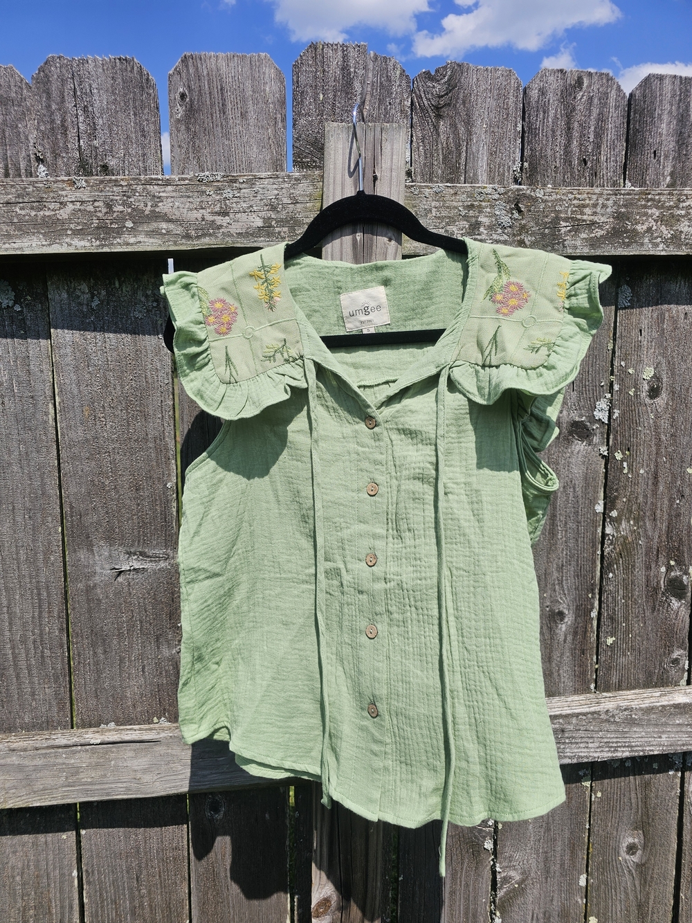 Umgee Light Green Button-Front Ruffle Sleeve Top